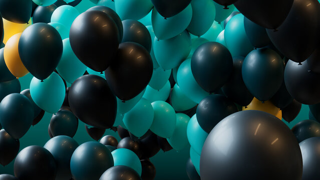 Colorful Birthday Balloons in Teal, Turquoise and Yellow. Contemporary Background.