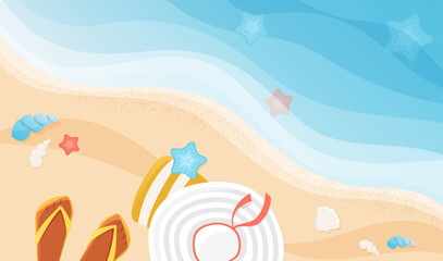 Fototapeta na wymiar Summer vacation relax on sea coast vector illustration. Cartoon cute scene with feet in flip flops, hat and bag on a sand beach with turquoise waves and seashells background. Exotic paradise concept