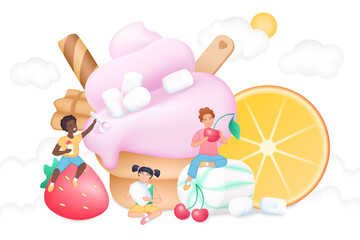 Obraz na płótnie Canvas Ice cream soft serve in waffle cup, fruit and berry and tiny children vector illustration. Cartoon kids eat summer sweet dessert, boys and girls enjoy cherry, strawberry and creamy gelato on party