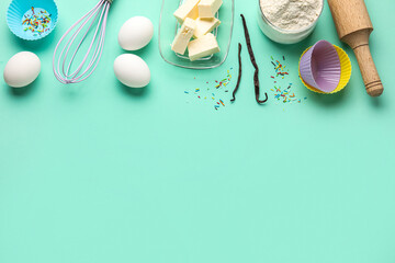 Set of ingredients and utensils for baking on color background
