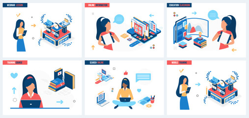 Webinar course, online education set vector illustration. Cartoon students study in virtual classroom, work with information in mobile apps concept for banner, website design or landing web page