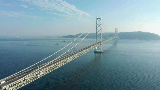 Awaji Island and Akashi Kaikyo Bridge from Mainland, Aerial View on Sunny Day 4k