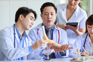 Fototapeta na wymiar Group of Asian successful professional male and female doctors in white lab coat uniform with stethoscope and nurse sitting meeting discussing together holding human skeleton model in hospital office