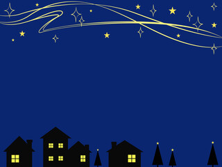 Fototapeta na wymiar 星の輝く夜空が綺麗な街並みの背景イラスト