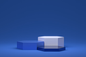minimal podium or pedestal display on blue background for cosmetic product presentation