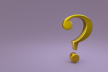 Gold question mark sign minimal on purple background, 3d render, minimal and copy space