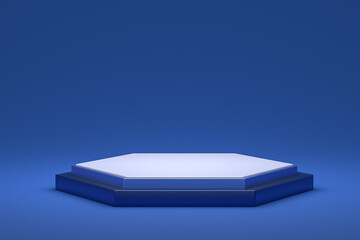 minimal podium or pedestal display on blue background for cosmetic product presentation