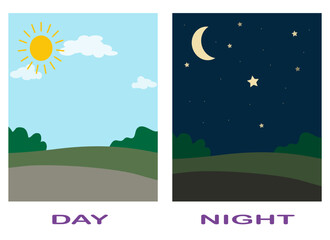Opposite adjective antonym words day and night illustration explanation flashcard with text label