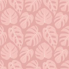 Seamless pattern with tropical leaves in a pink pastel palette. Elegant exotic background vector design.