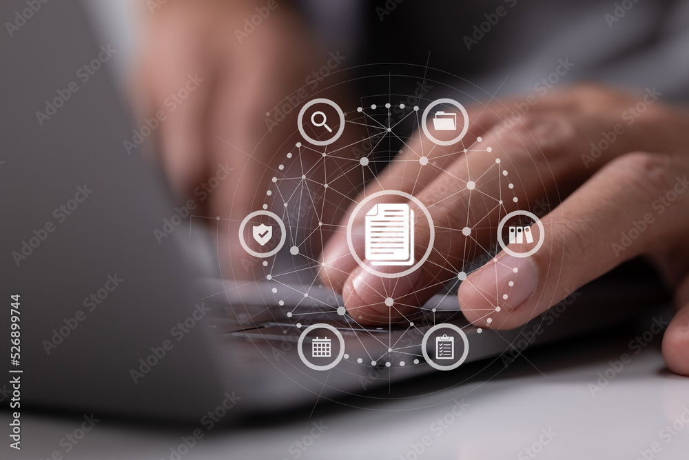 Poster DMS with document icon. Data management system. Business Internet Technology and Privacy.