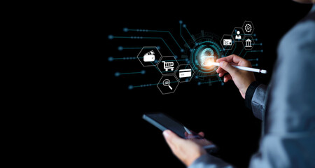 Financial security. Businessmen conduct financial transactions via cyber security digital systems, safe online trading, cryptocurrencies, safe online business, padlock security. copy space.