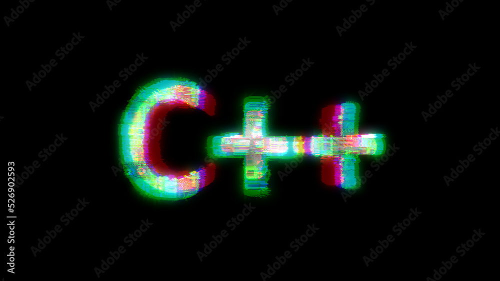 Poster cybernetic text c++ with massive chromatic aberrations distortion, isolated - object 3d illustration
