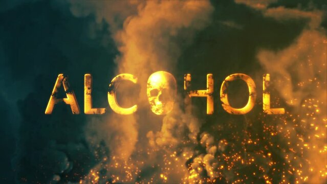 Text alcohol with man skull on backdrop with fire and smoke - loop video