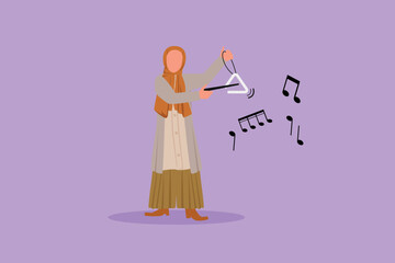 Business flat drawing Arabian woman musician playing musical triangle. Classical orchestra artist with music instrument. Professional musician performance. Cartoon character design vector illustration