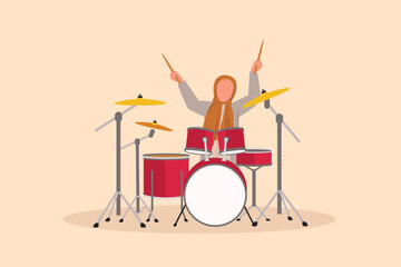 Business flat drawing young Arab female musician, jazz, rock and roll playing drum instruments, percussion. Music festival, pop concert, party performance. Cartoon character design vector illustration