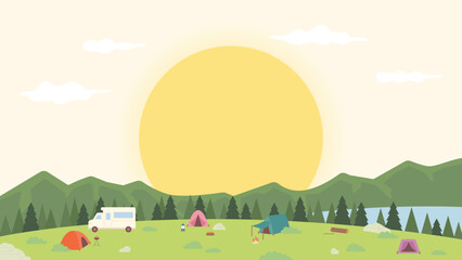 The sky with a big sun setting. Many camping tents in nature with mountains and lakes. flat design style vector illustration.