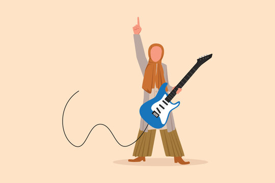 recommend clip art: Business design drawing Arabian female musician playing electric guitar. Woman practicing in playing guitar. Guitarist perform playing music instrument on stage. Flat cartoon style vector illustration