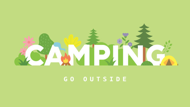 Green camping lettering banner. Trees and flowering plants are decorated. flat design style vector illustration.