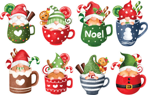 Watercolor illustration set of Christmas Gnomes in cup and Christmas candy 