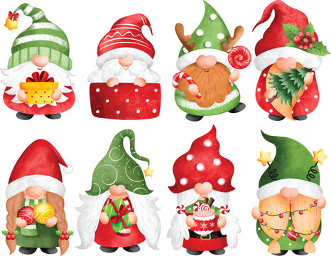 Watercolor illustration set of Christmas Gnomes 