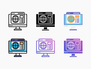 Browser icon set with different styles. Style line, outline, flat, glyph, color, gradient. Can be used for digital product, presentation, print design and more.