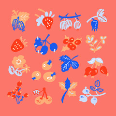 Fototapeta na wymiar Set of decorative minimalist berries, flowers and leaves for design. Flat style nature and flora for patterns, backgrounds. Strawberries, spiked berries, holly on branch. Vector illustrations.