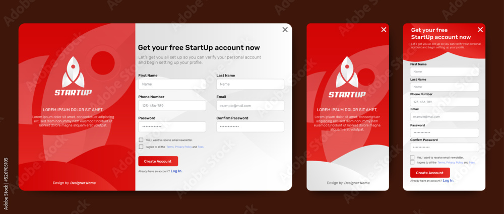 Poster registration and login forms page with gradient red color. set of sign up and sign in forms professi