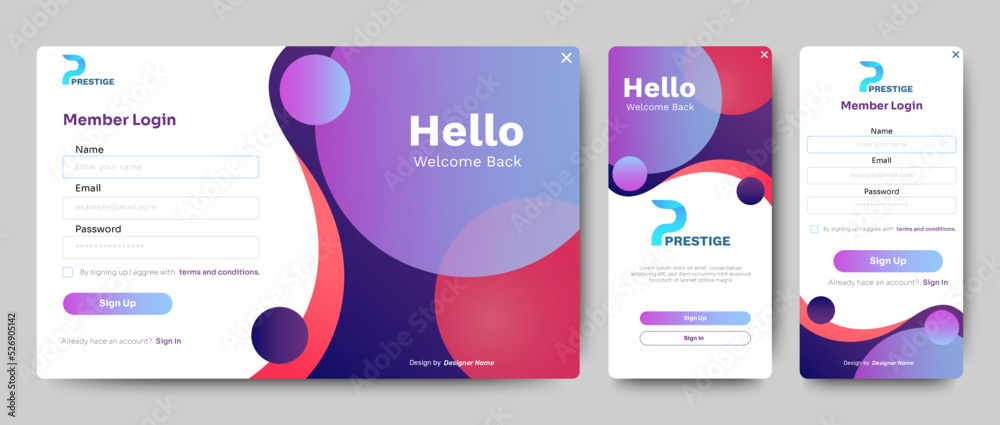 Poster set of sign up and sign in forms with colorful concept. registration and login forms page. professio