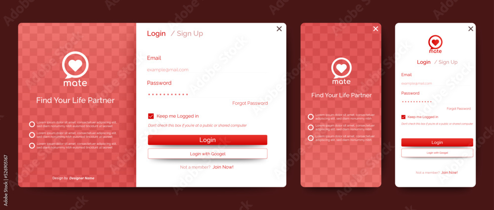 Poster set of sign up and sign in forms. red and white. registration and login forms page. professional web