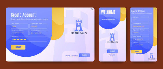 Registration and login forms page with gradient blue. Set of Sign Up and Sign In forms Professional web design, full set of elements. User-friendly design materials.