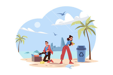 Fototapeta premium People are cleaning up trash on the beach