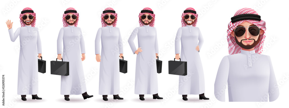 Wall mural saudi arab boss vector character set design. arabian business man characters holding briefcase bag w