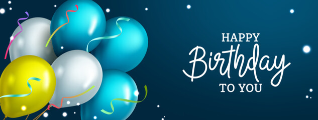 Birthday celebration vector design. Happy birthday to you text in blue background with balloon colors and confetti party elements for birth day greeting. Vector illustration.
