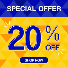 20% percent discoint special offer tag oranje and blue background shop now