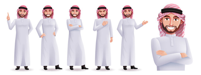 Saudi arab man vector character set. Business characters isolated in white background in standing pose and gestures for arabian people design collection. Vector illustration.
 - obrazy, fototapety, plakaty