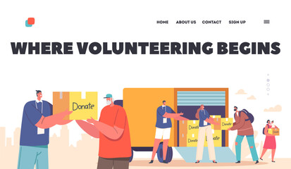 Volunteering Landing Page Template. Volunteers Giving Humanitarian Aid and Governmental Help Boxes to Refugee Characters
