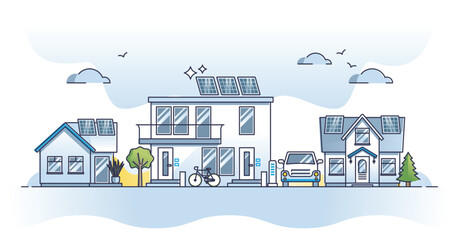 Solar powered residential houses with sun energy panels outline concept. Renewable and sustainable electricity with green ecological source solution vector illustration. Vehicle and car plug charging.