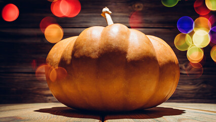 Huge orange Halloween pumpkin against colorful bokeh lights for fun fall holidays