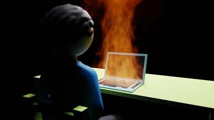 3D render of a cartoon man looking at his laptop which is on fire.