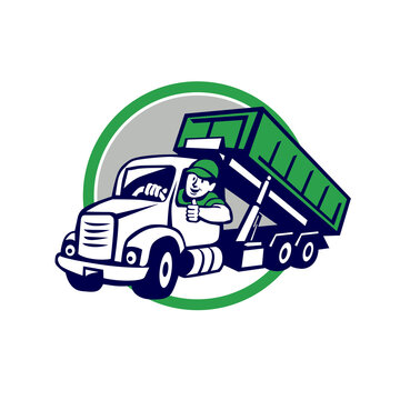 Roll-Off Bin Truck Driver Thumbs Up Circle Cartoon