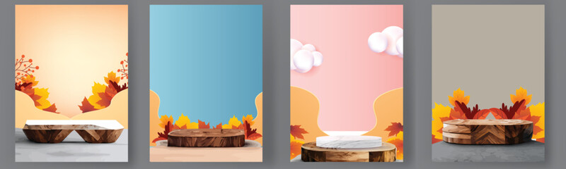 podium stage autumn season paper art colorful for show banner sale vector illustation - obrazy, fototapety, plakaty