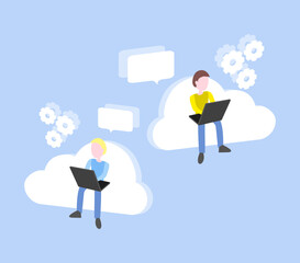 Vector illustration of two programmers. Web site development. Teamwork concept. Social networks. Programmers, SMM, developers, managers. Search for a solution. Color bright illustration with people.