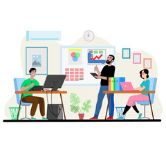 The production business leader is presenting a new design project to his employees in a teamwork. He shows graphs and flowchart diagrams. Eps 8.