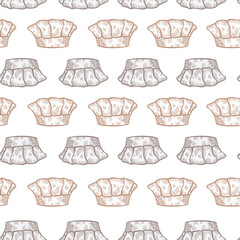 High chef hat engraved seamless pattern. Kitchen traditional element in hand drawn style.