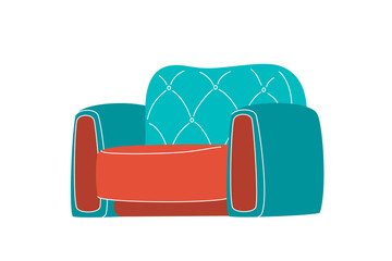 Retro armchair, soft upholstery chair, comfortable seat for lobby or lounge room. Living, bedroom furniture, isolated on white background. Modern model, vector flat cartoon illustration, clipart.