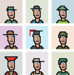 Set of simple pixelated faces of people.