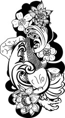 Beautiful line art Koi carp tattoo design ,Black and white koi fish and flower,Japanese tattoo with sakura and lotus flower,chinese tattoo with marigold flower.