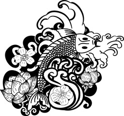 Beautiful line art Koi carp tattoo design ,Black and white koi fish and flower,Japanese tattoo with sakura and lotus flower,chinese tattoo with marigold flower.