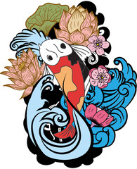 Beautiful line art Koi carp tattoo design ,Black and white koi fish and flower,Japanese tattoo with sakura and lotus flower,chinese tattoo with marigold flower.