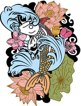 Beautiful line art Koi carp tattoo design ,Black and white koi fish and flower,Japanese tattoo with sakura and lotus flower,chinese tattoo with marigold flower.